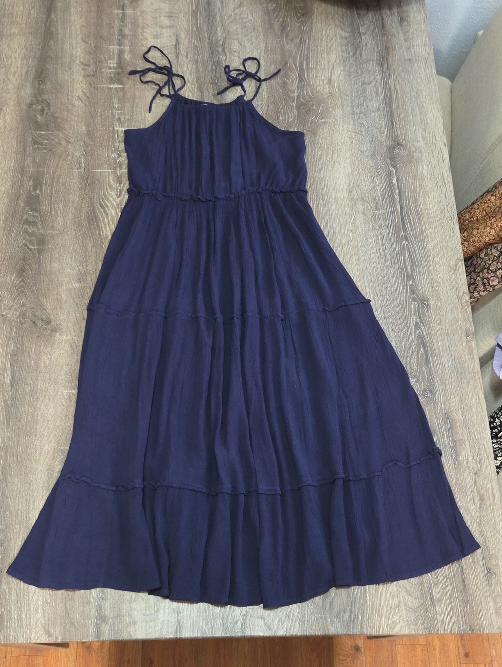 NEW! RAYA SUN Tie Straps Tiered Beach Resortwear Textured Midi Dress Navy Blue